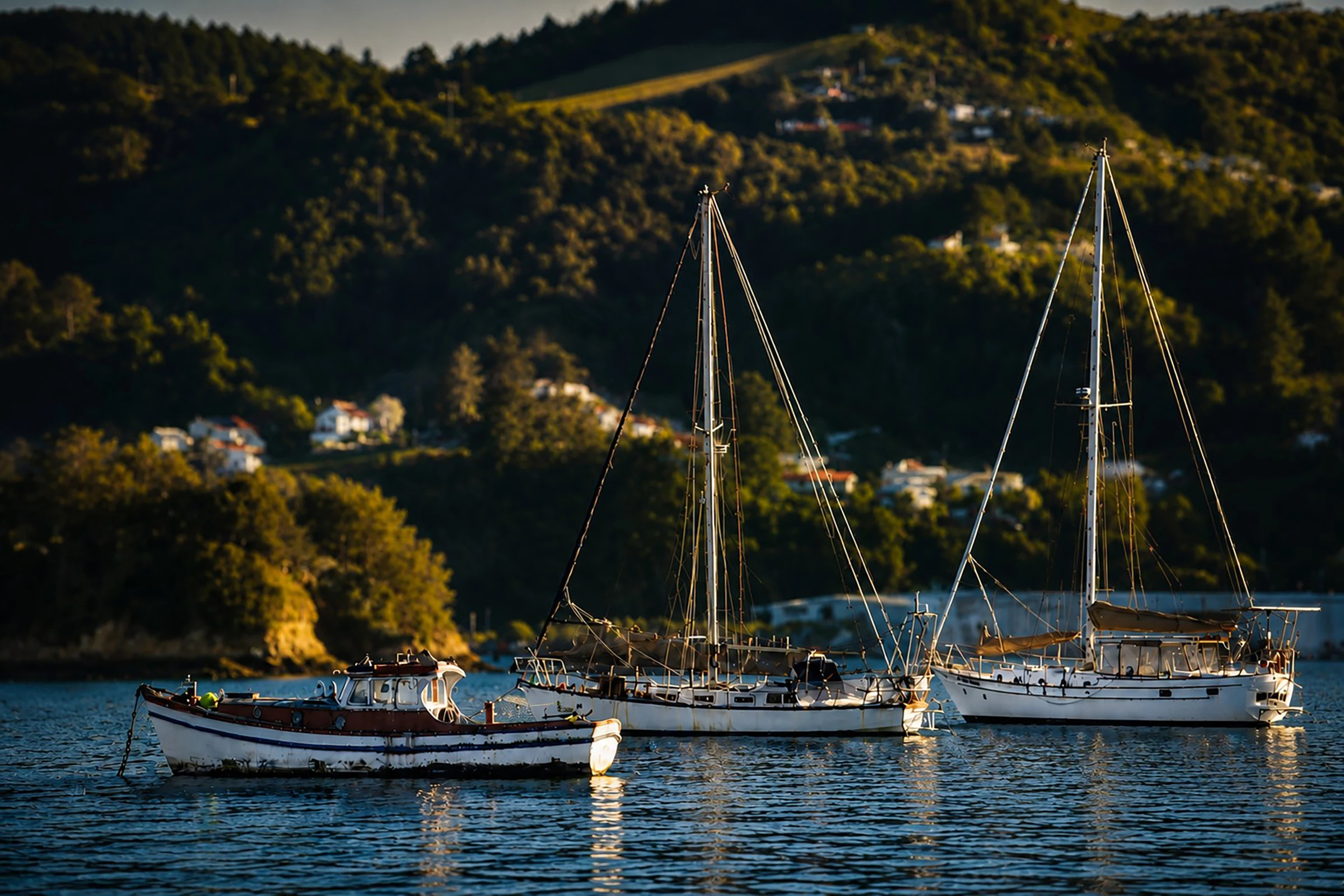 Boats moored on a harbour beneath wooded hills at dusk